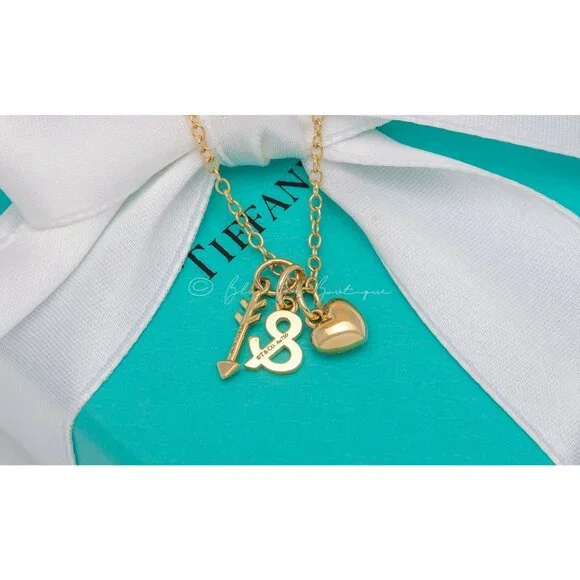 Tiffany & Co 18k Gold Necklace Rare "Heart & Arrow" 3-Charm Pendant on 16" Chain - Picture 5 of 5